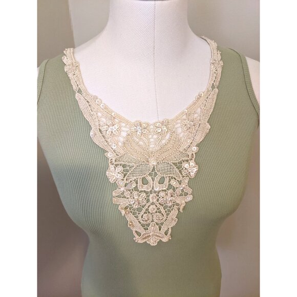 Womens Pastel Green Tank Top Fairy Coquette Beaded Lace Detail Summer Sz L - Picture 3 of 8